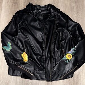Torrid Black Faux Leather Jacket with Colorful Embroidery